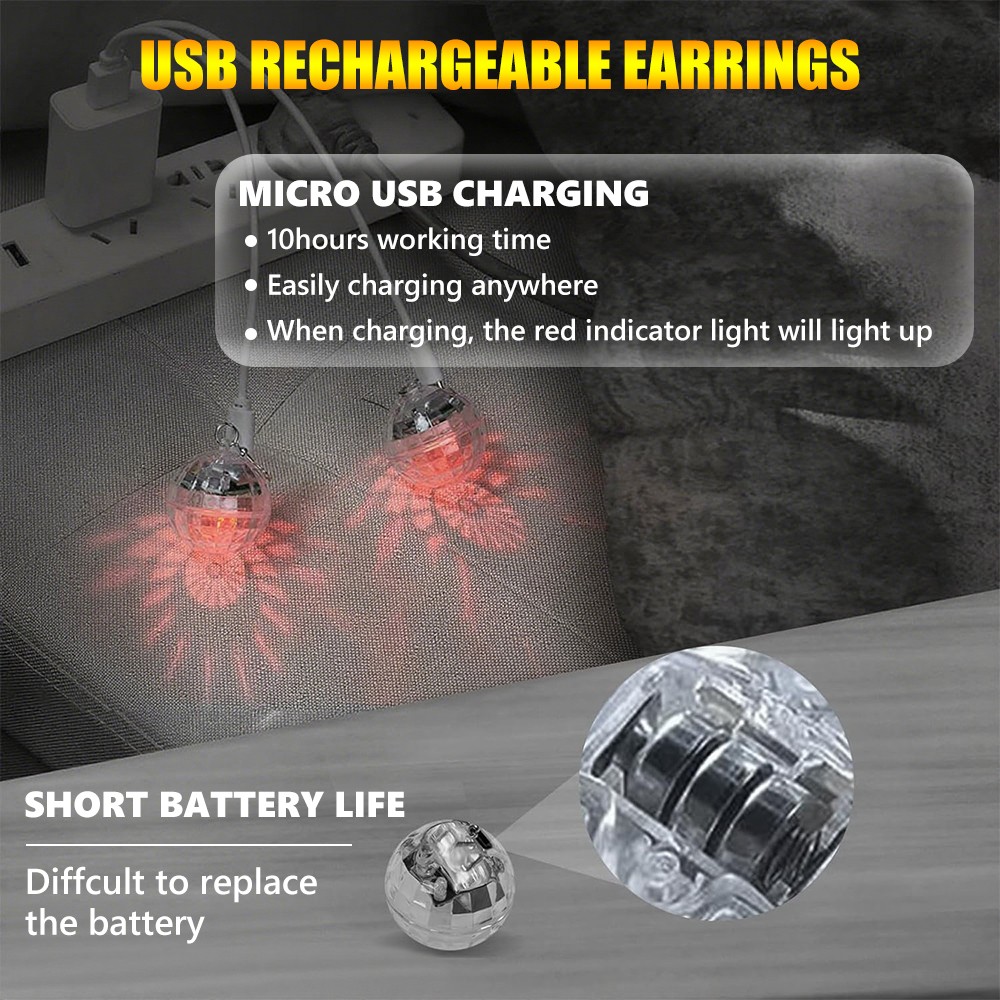 Disco Ball Earrings USB Rechargeable LED Light Up Party Gifts for Women Girls