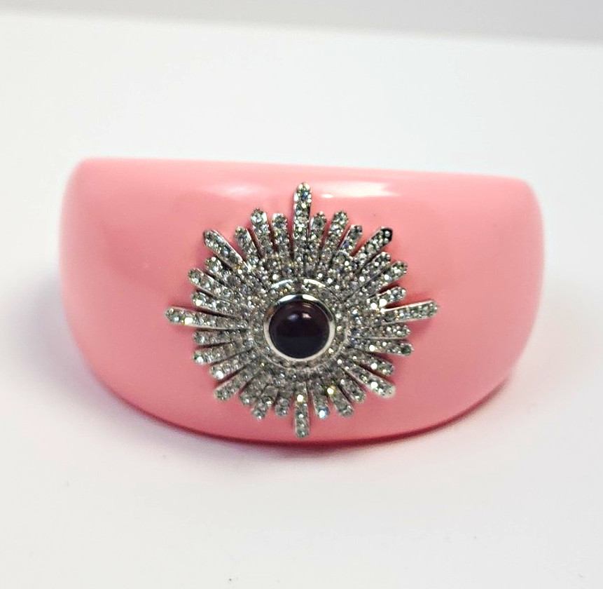 Pink Open Cuff Bracelet Silver-Tone Sunburst Rhinestones Red Cabochon Stone