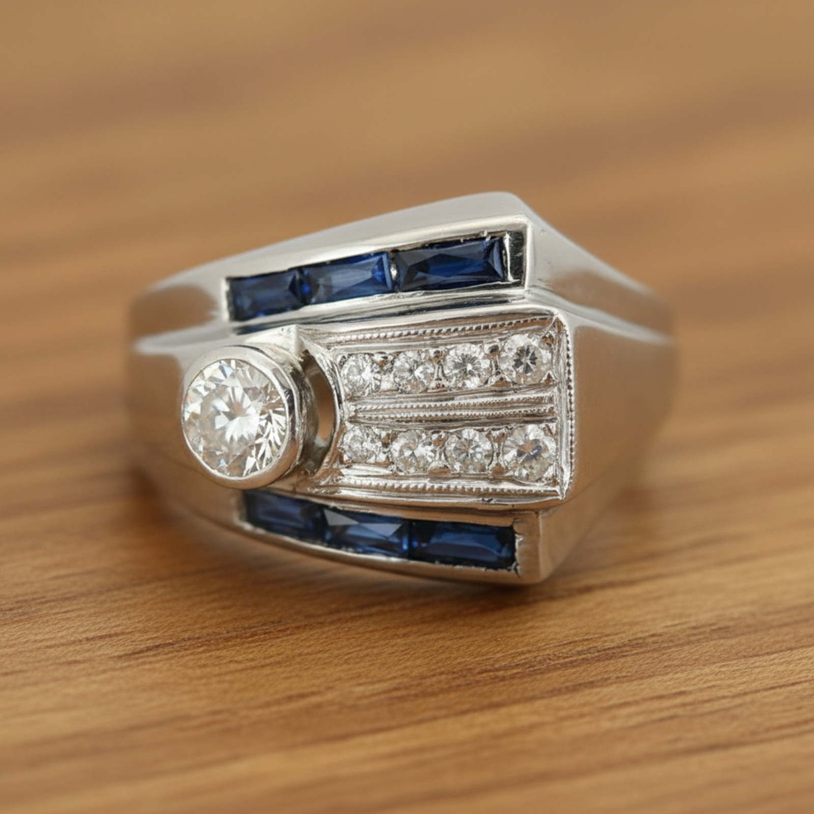 14K Gold Art Deco Retro Bezel Set Round Cut Simulated Diamond Men’s Wedding Ring