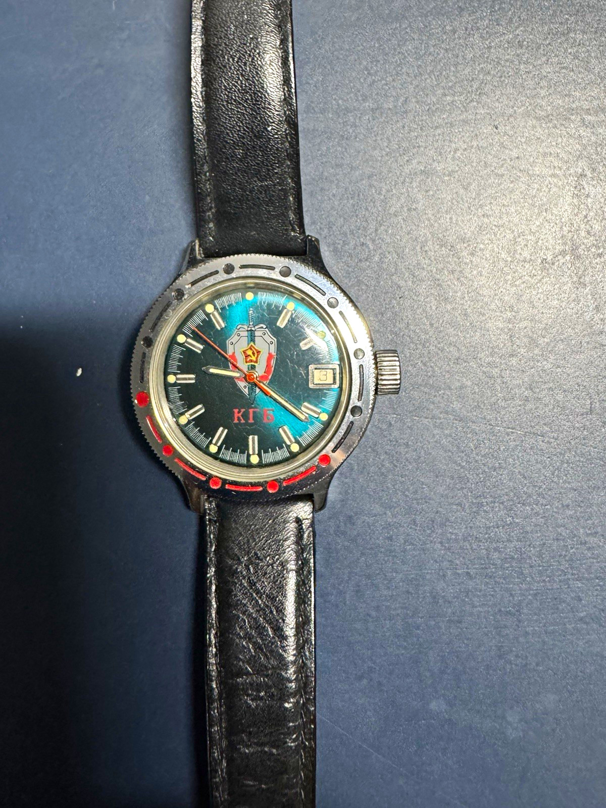 Vostok Amphibia Automatic Diver 200m KGB Blue/Black Dial Leather Strap 40mm case