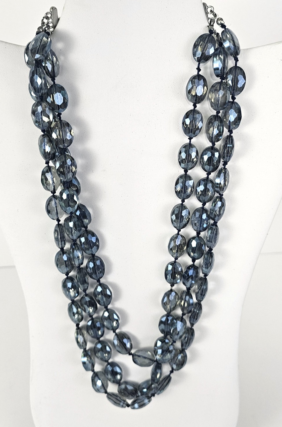 Jules Iridescent Blue Glass Faceted Beaded Necklace 3 Strand
