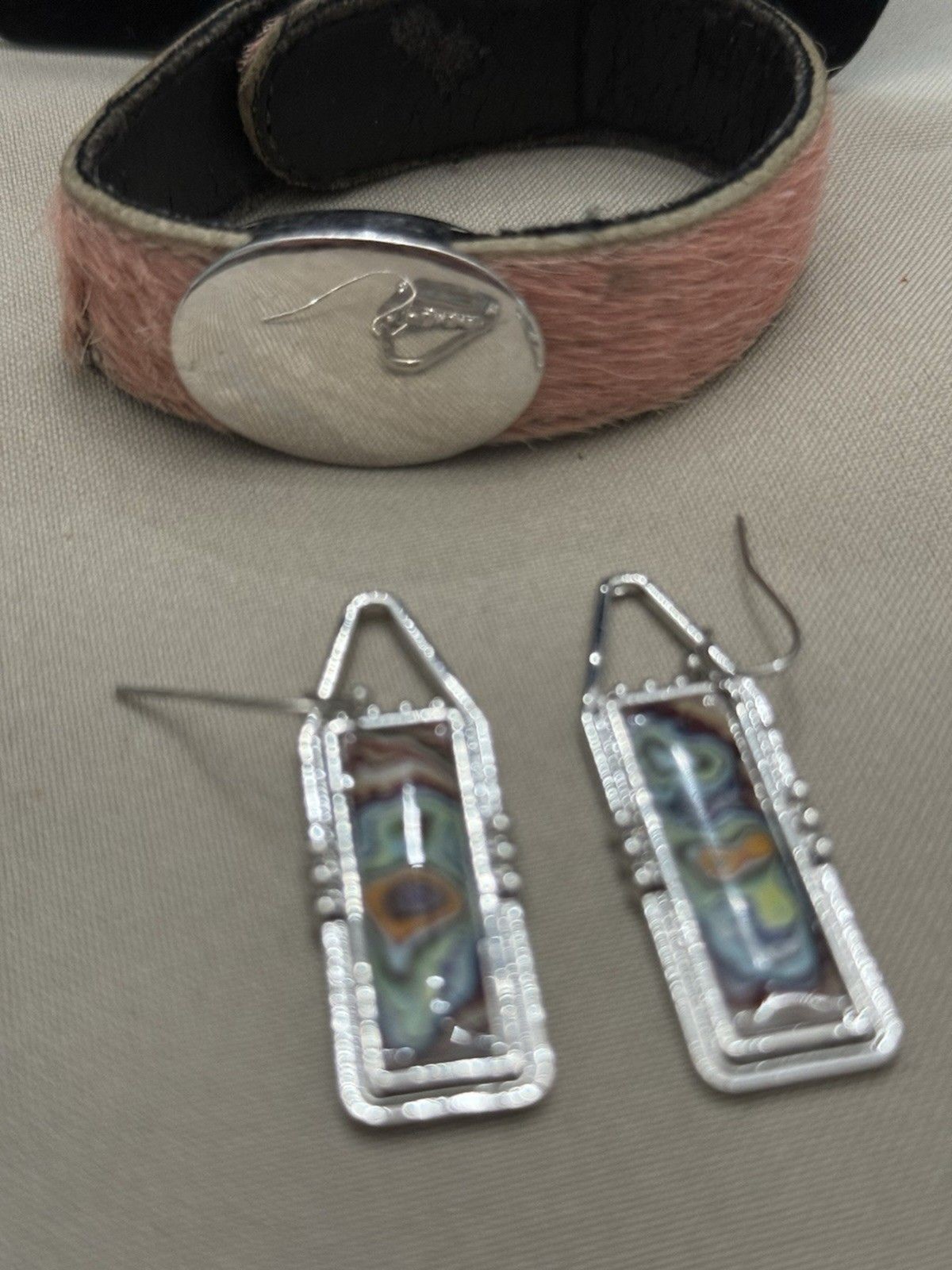 Resin/Stainless Steel Mosic Drop Earring & Pink Cow Hair W/.925 Silver Medallion