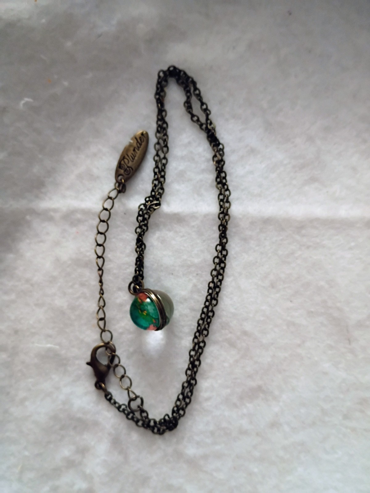 Bronze Tone Adjustable Cable Chain Necklace Green Round Glass Charm Pendant