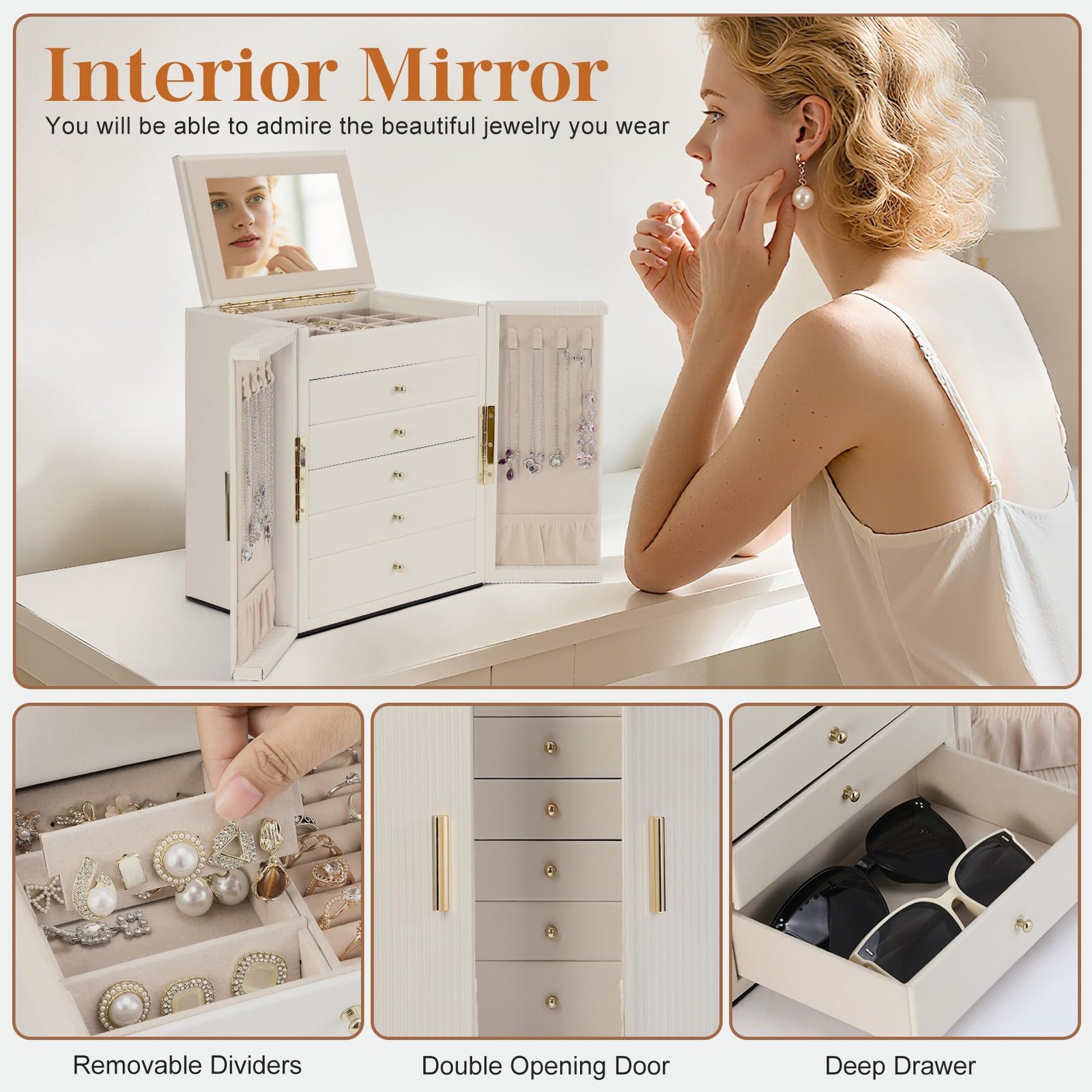 Dajasan Large Jewelry Organizer Box, Boxes for Women Girls, Beige