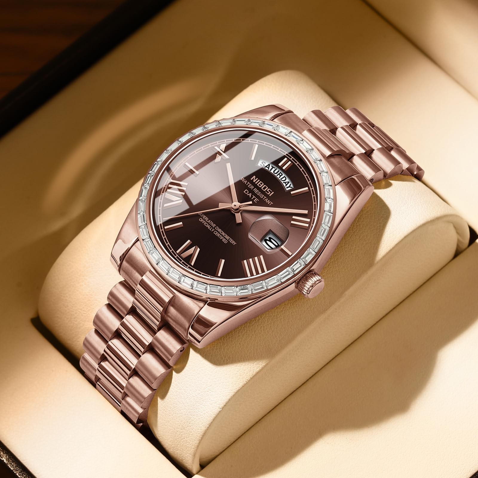 Men’s Watches Analog Quartz Diamond Bezel Stainless Steel Brown Dial Rose Gol…