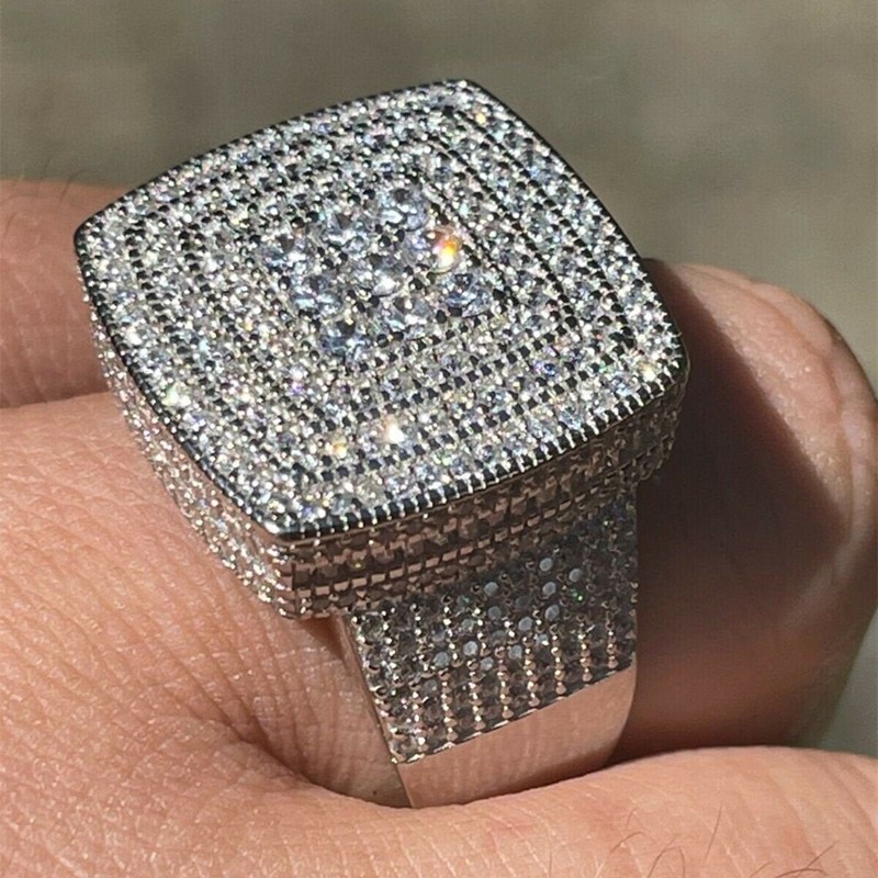 Men’s Iced Hip Hop 5AAA+ CZ Square RING Big Pinky Plated 925 Silver Mens Jewelry