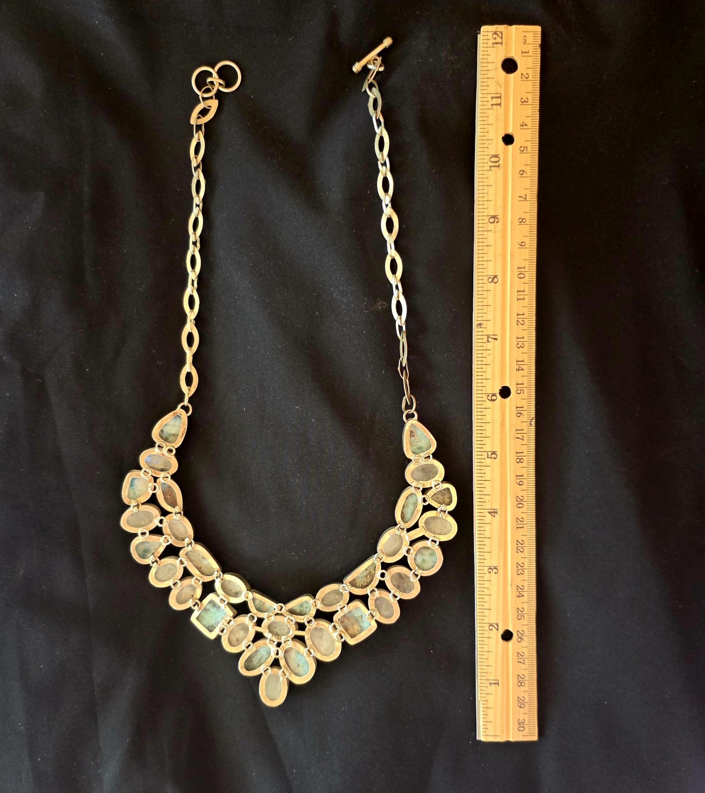 Moonstone, Larimar, & Silver Oval Bib Statement Necklace, Toggle, 18″