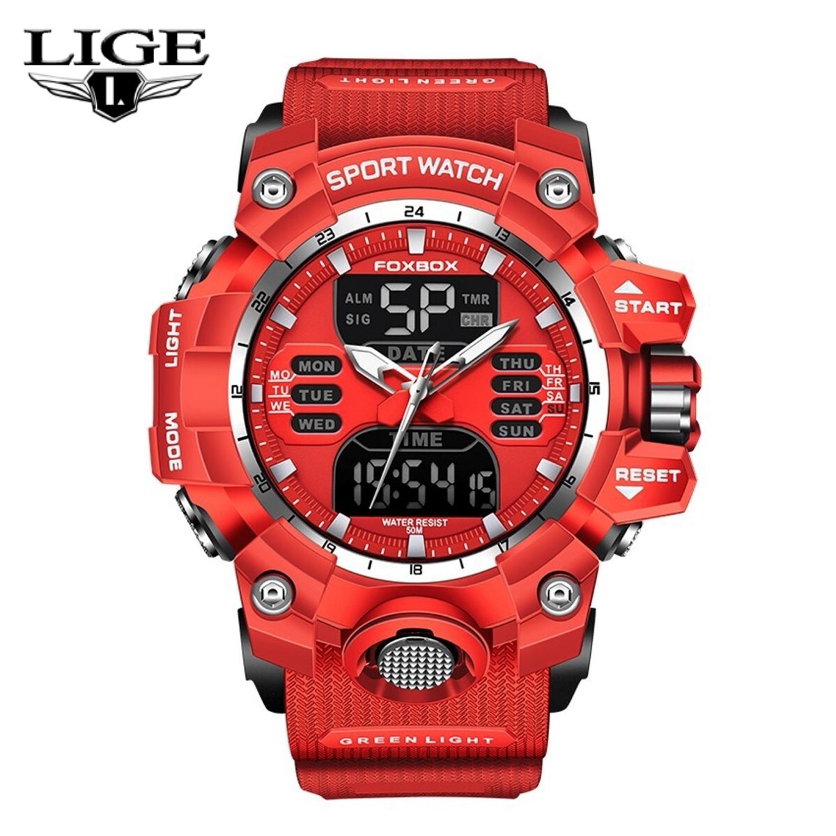 LIGE Men Watch Big LDE Digital Dial Quartz Date Week Waterproof Sport Wristwatch