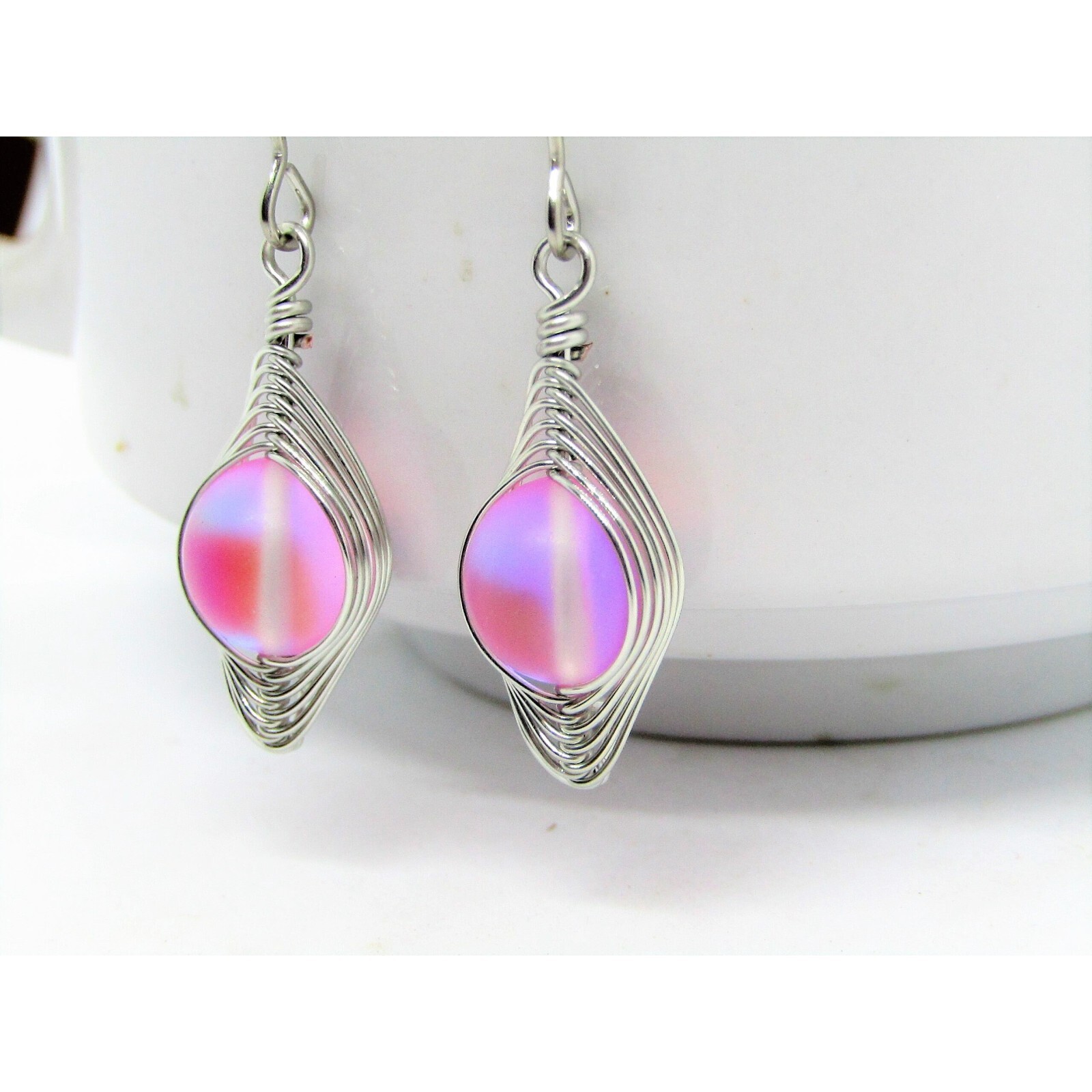 Pink “Mermaid Glass” Sea Glass Artisan Silver Earrings, Handmade Ladies Fashion