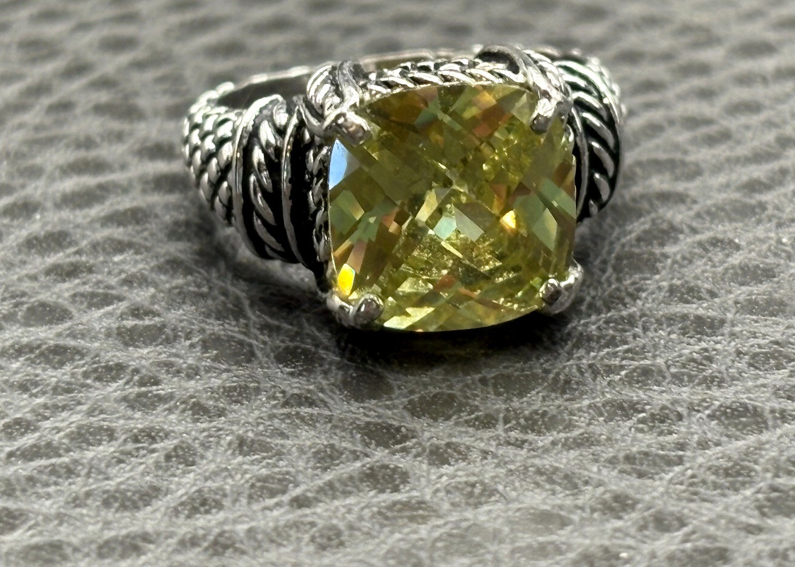 Designer Silver Tone Yellow CZ Faux Citrine Cushion Cut Ring Cable Woven Band 7