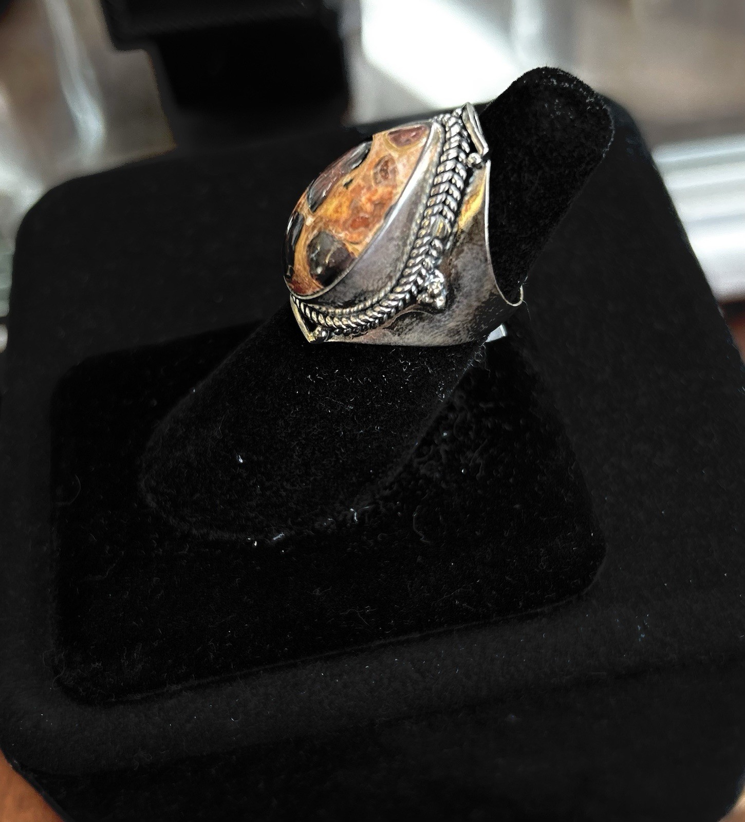 Sterling Silver Chert Breccia Pear shape Cabochon Ring Size 7.5