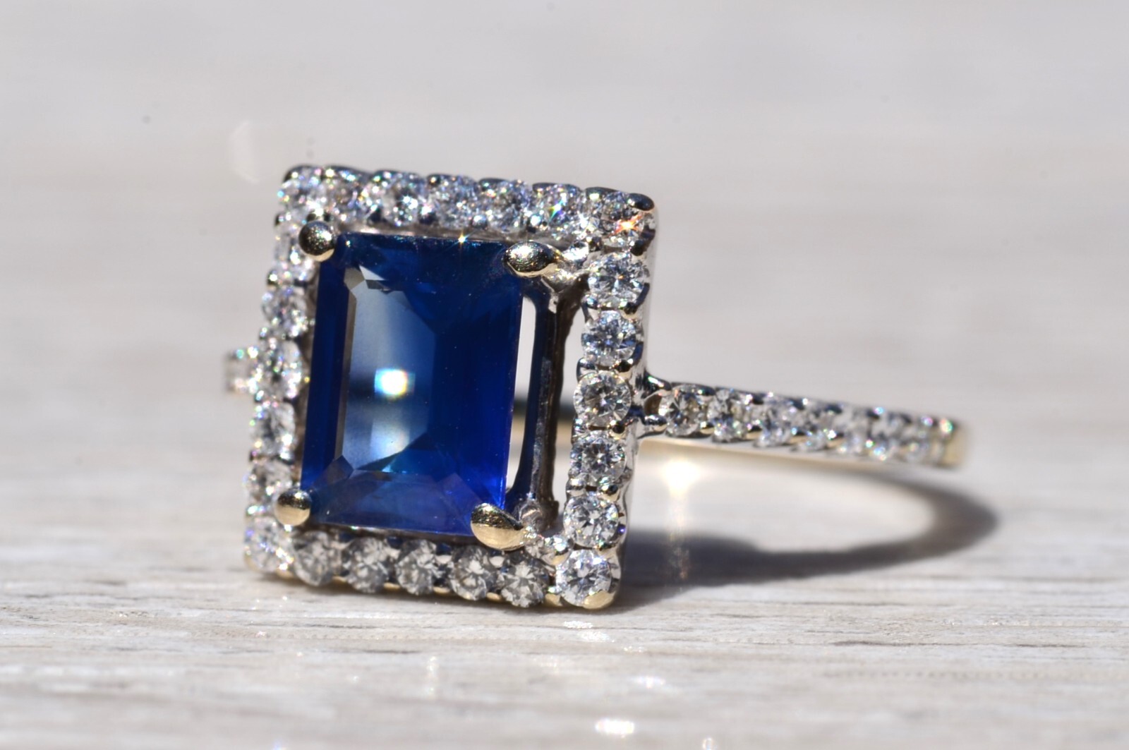 Diffused Emerald Cut Blue Sapphire Engagement Ring and Wedding Set with Custom B