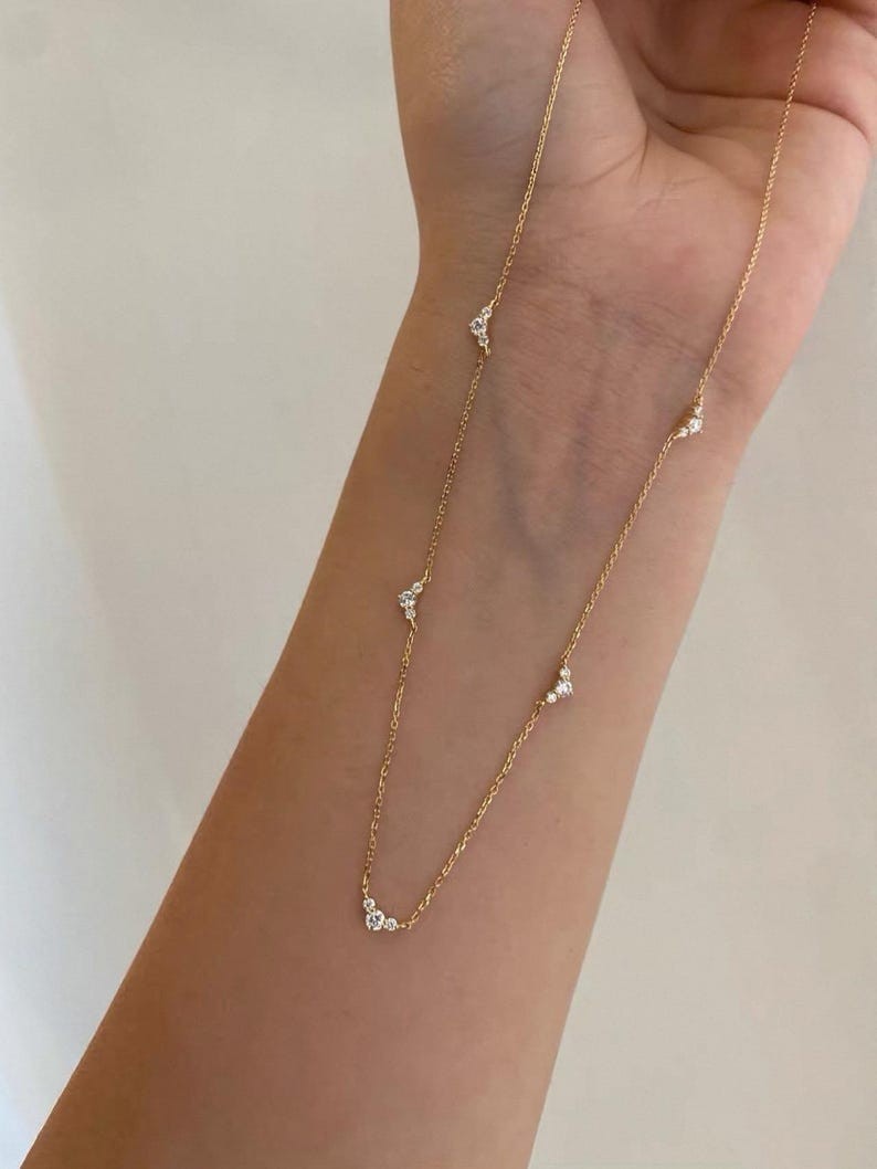 Festival Sale ! 0.80CT Round Natural Diamond Station Necklace 14k Yellow Gold