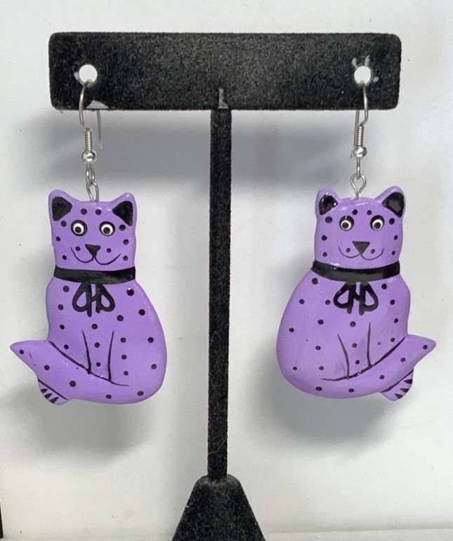 Silver Tone Dangle Drop Purple Cat Earrings LY128