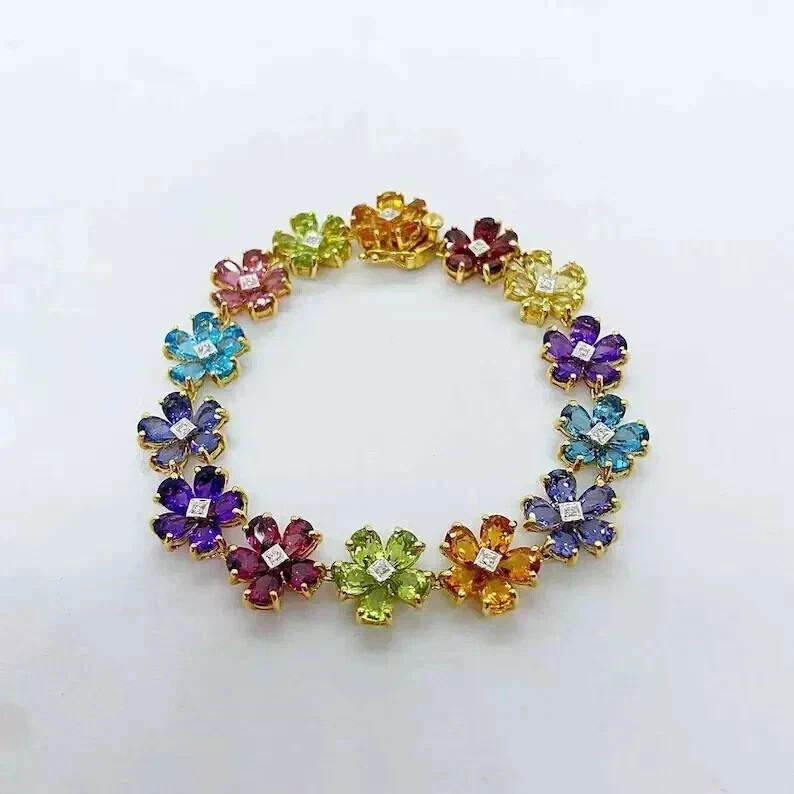 9.55 Ct Simulated Multi-Gemstone Flower 7″ Bracelet 14K Yellow Gold Plated