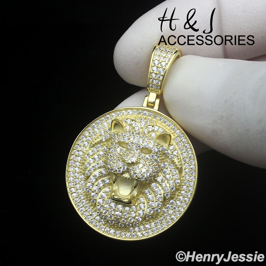 925 STERLING SILVER ICY BLING CZ GOLD PLATED 3D LION KING FACE ROUND PENDANT*479