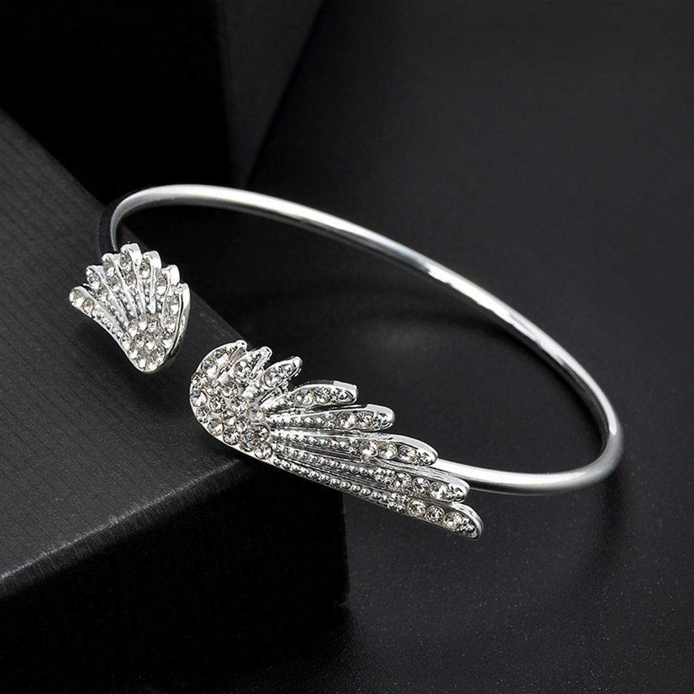 Elegant 925 Sterling Silver Angel Wings White Topaz Fashion Bracelet Bangle Cuff