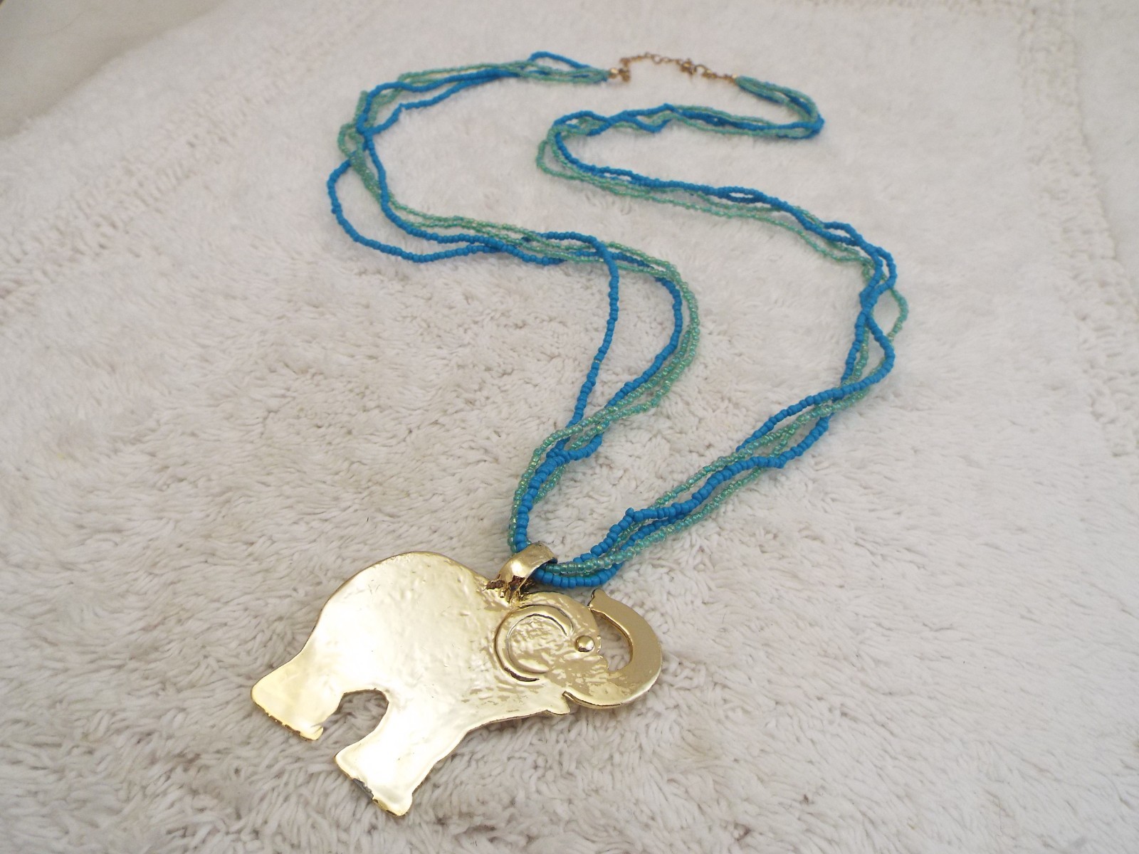 Blue Seafoam Glass Micro Bead Goldtone Pendant Necklace (B23)