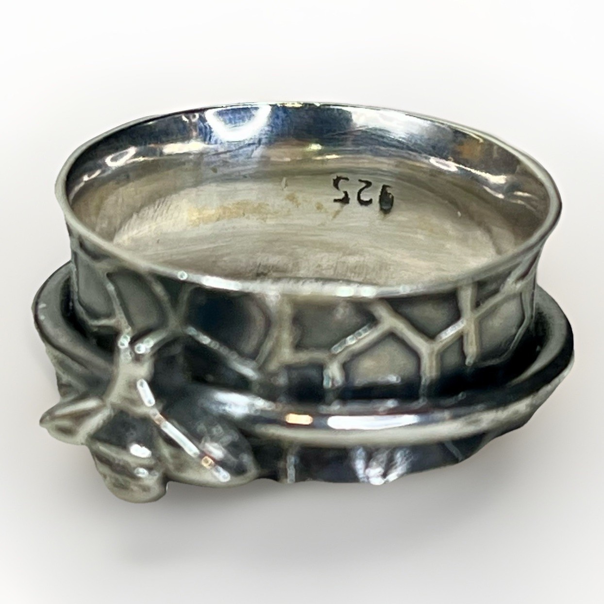 925 Honeycomb Sterling Silver Spinner Ring w/ Bee Accent Fidget Meditation Band
