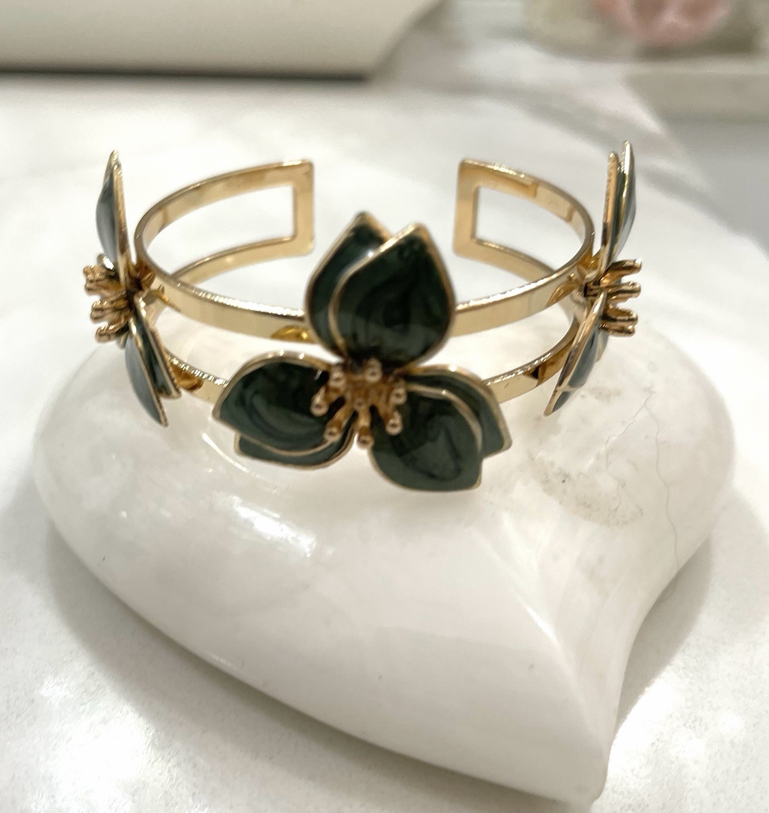 Gold Tone Green Enamel Flower Cuff Bracelet Adjustable Nature Theme