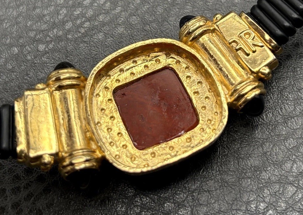 Francesca Romana 80s Vintage Etruscan Style Black Red Glass Omega Necklace 15”