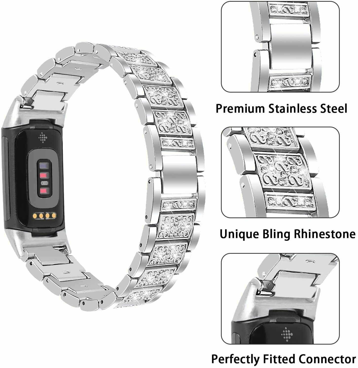 Diamond Stainless Steel Band for Fitbit Charge 6 / Charge 5 Bracelet Metal Strap