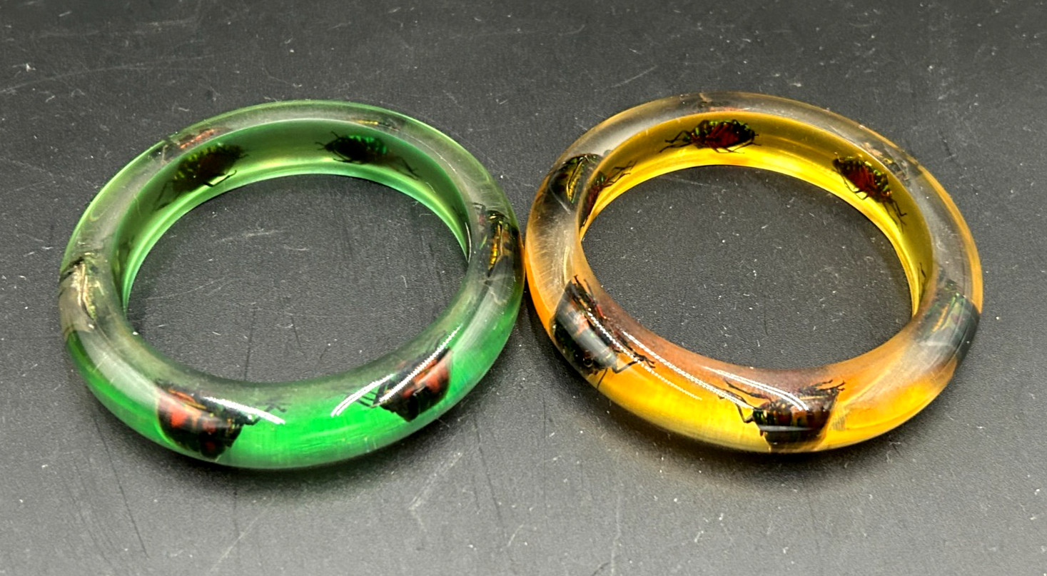 2 Vintage Resin Lucite Jewel Bettle Bangle Bracelets from Philippines Green Yell