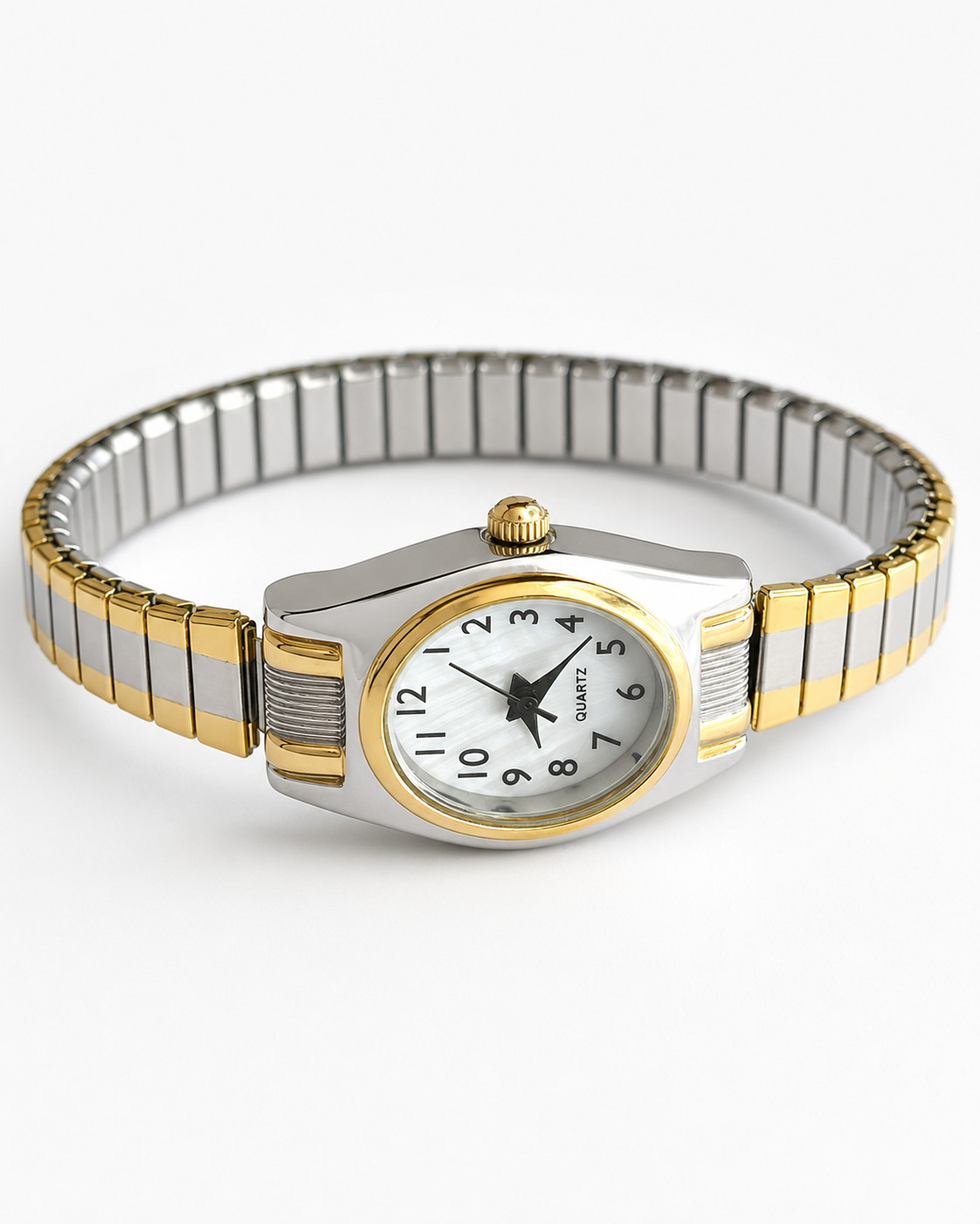 Accutime Ladies Watch Two Tone Oval Mother of Pearl Dial Stretch Band Quartz