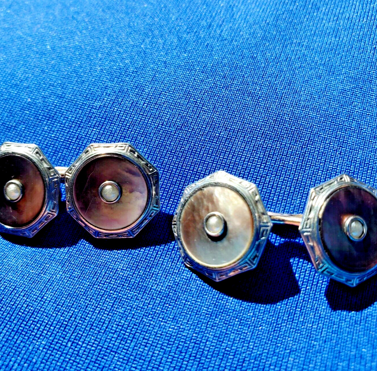 Original VINTAGE KREMENTZ ART DECO ENGRAVED PEARL CUFF LINKS OCTAGON DESIGN