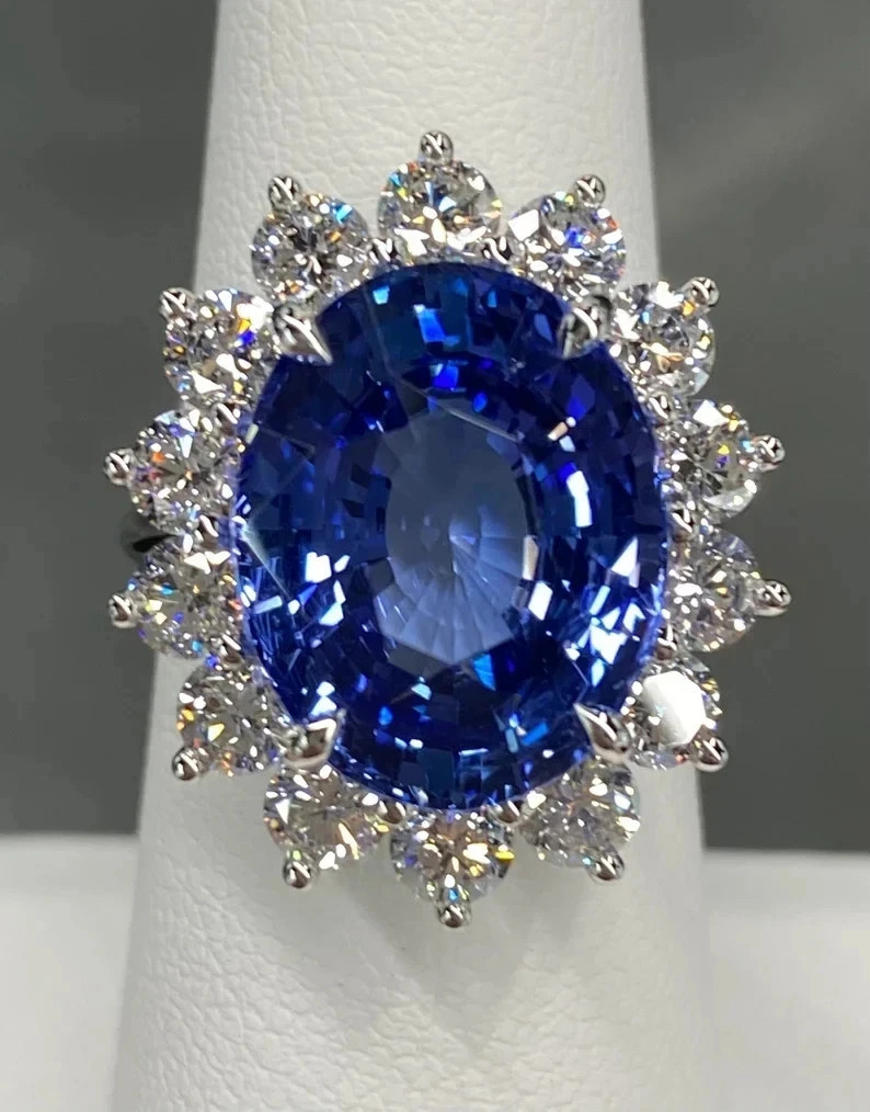 14.30Ct Oval Cut Natural Blue Sapphire Wedding Diamond Ring 14K White Gold 6,7,8