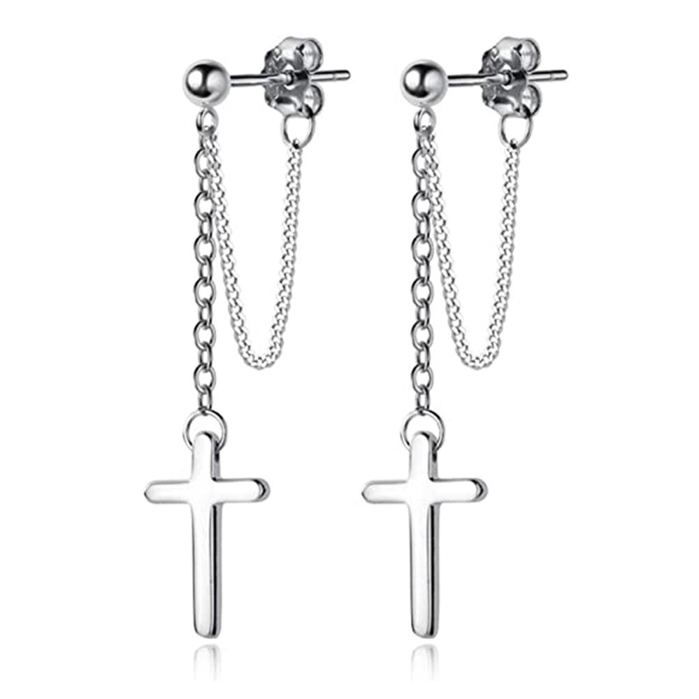 Women 925 Sterling silver Cross Drop Dangle Hanging Chain Stud Earrings Gift D26