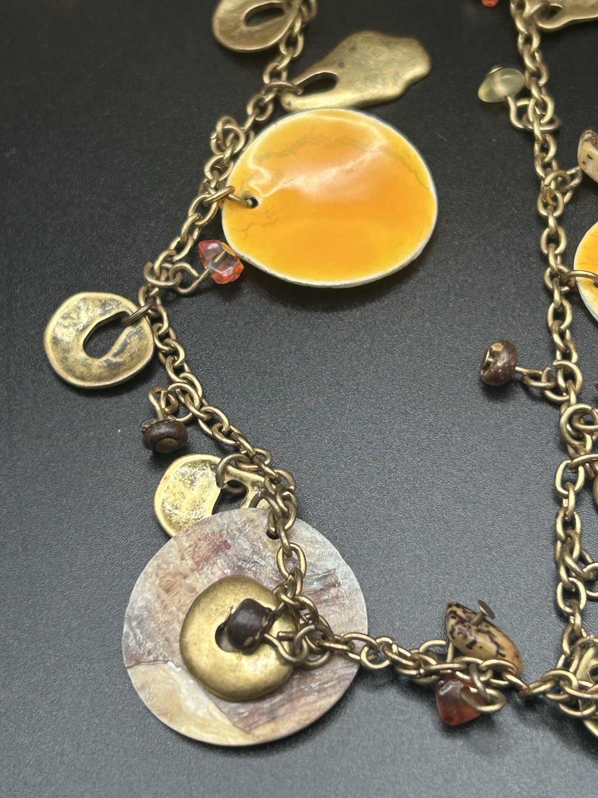 Coldwater Creek Orange Enamel Disc Shell Long Chain Station Charm Necklace Boho