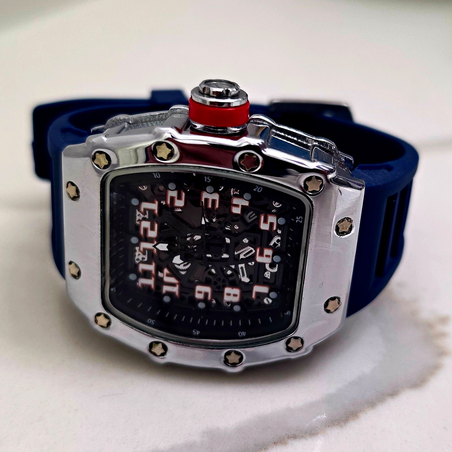 Men’s Sport Analog Tonneau Wristwatch Skeleton Black Dial Blue Rubber Strap
