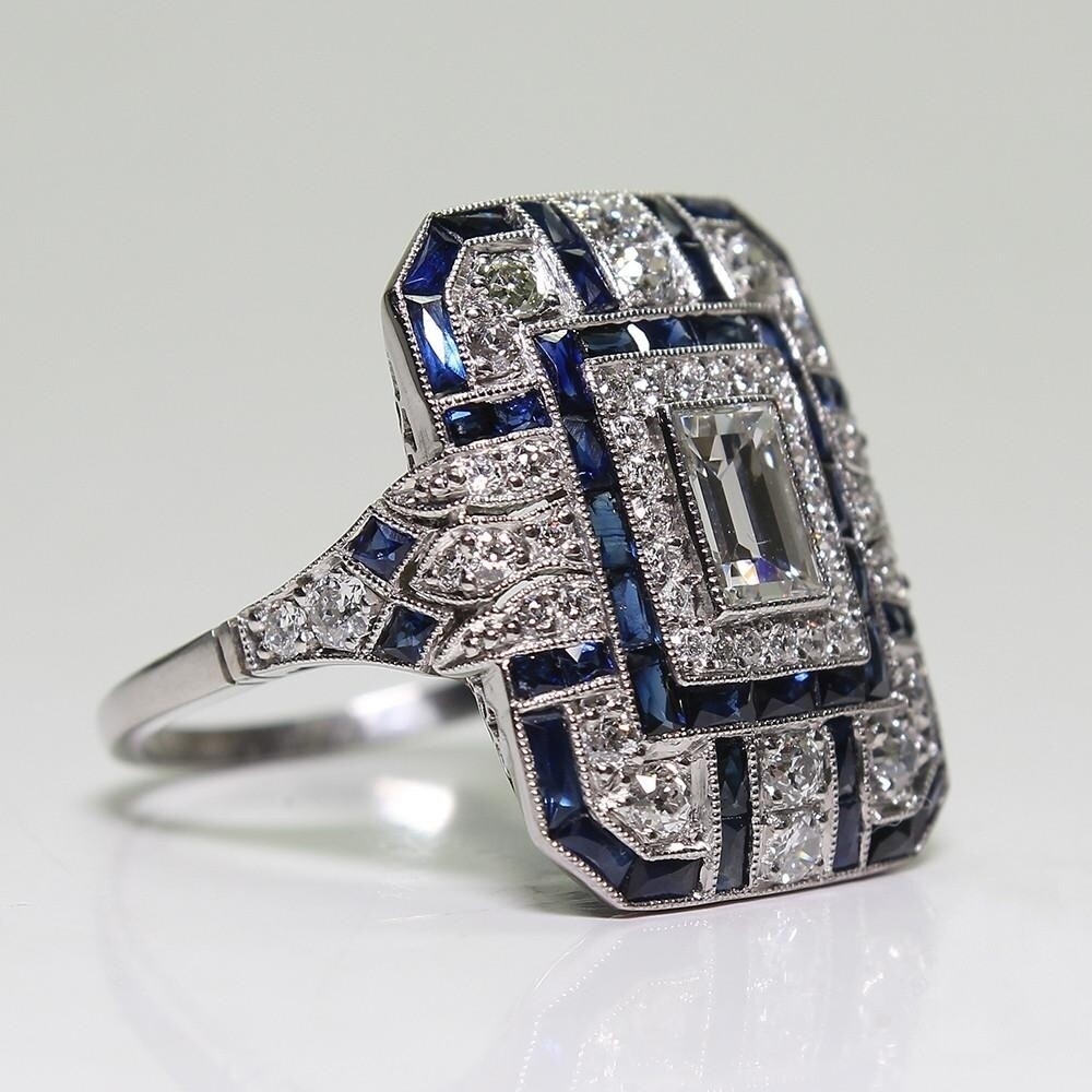 Antique Art Deco 935 Argentium Silver Old European Cut 2.79CT CZ & Sapphire Ring