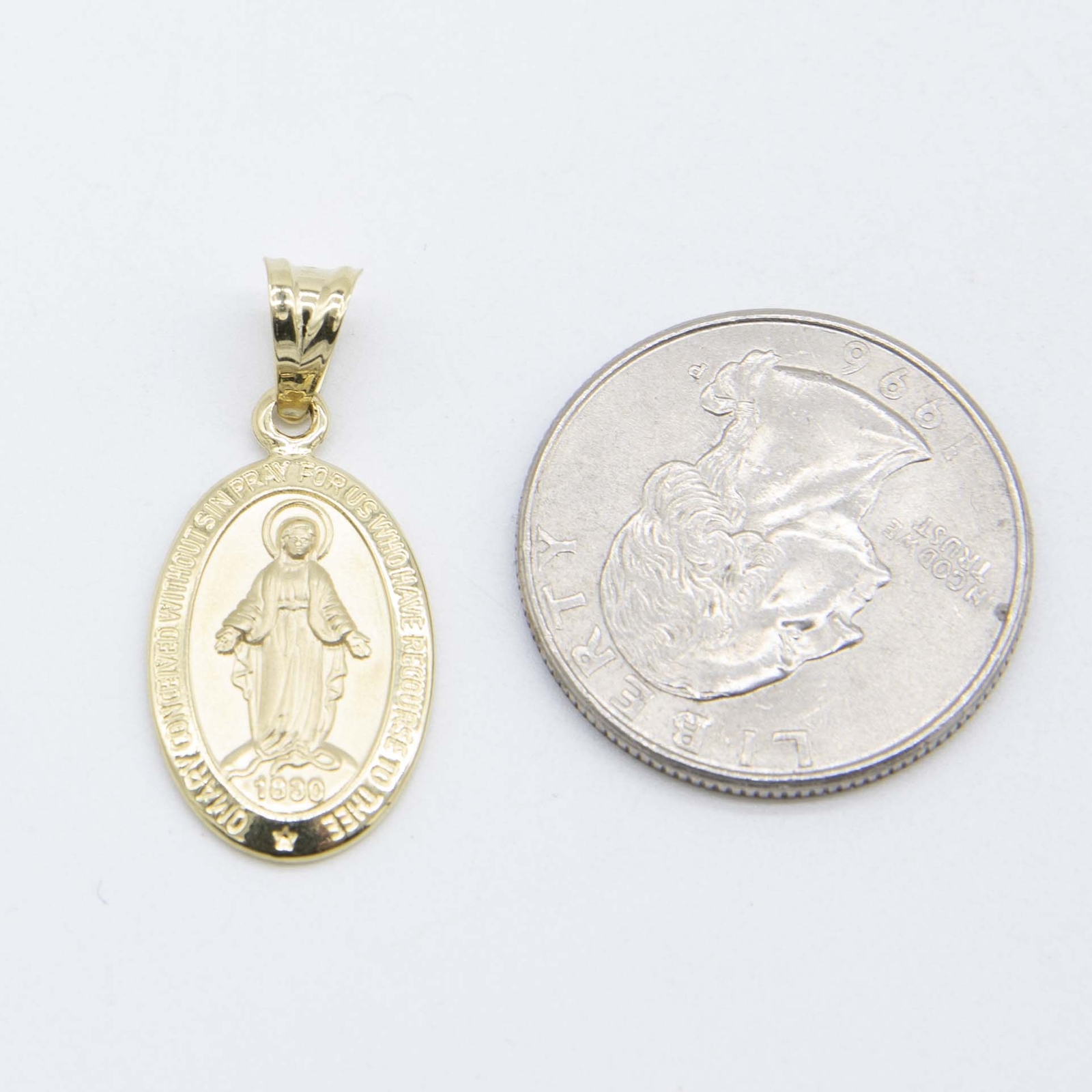 1 1/4″ Oval Textured Miraculous Mary Pendant Real 14K Yellow Gold
