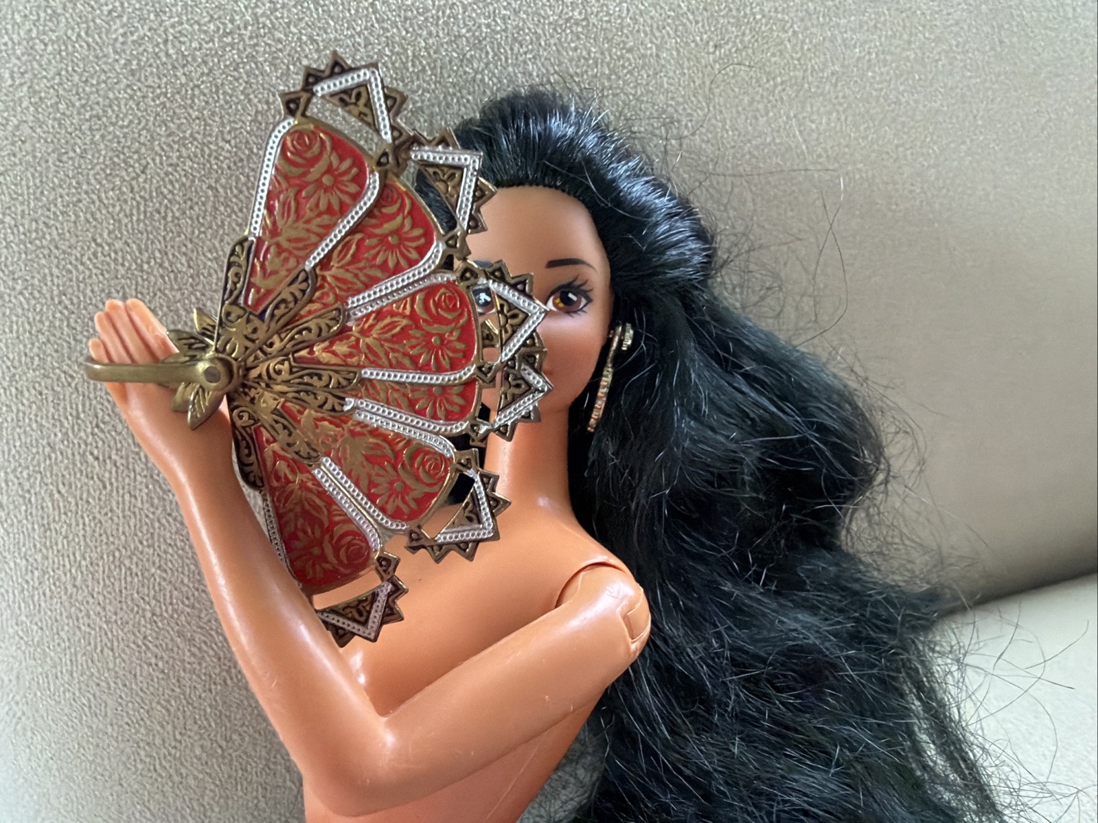 Vintage Spanish Damascene Jewelry Retractable Fan Pin/Brooch 1960’s Spain Barbie