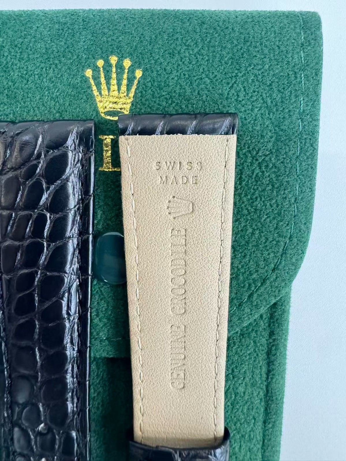 ROLEX Black Leather Crocodile Band 19mm With Rolex Crown Buckle Silver NOS