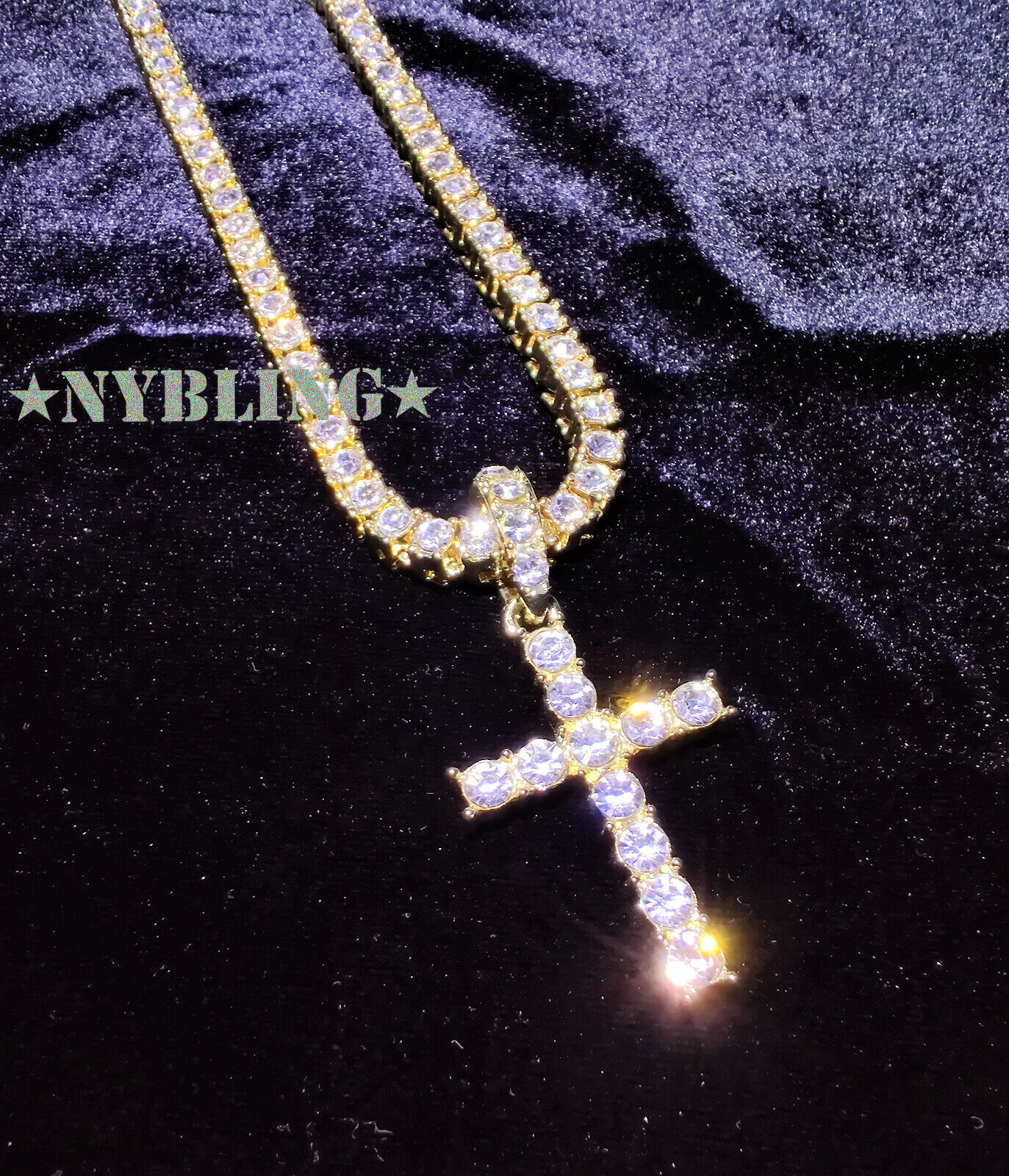 14k Gold Plated Tennis Chain Cross Pendant CZ Choker Necklace ICED Jewelry 4MM