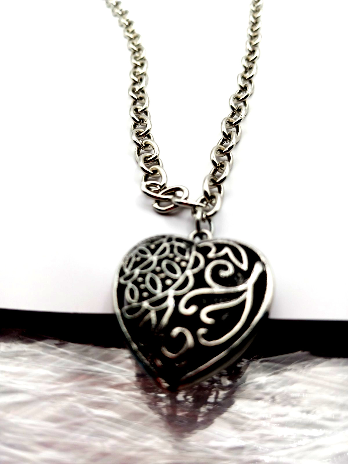 Black + Silver Gothic Heart Pendant with Silvertone Chain 21 Inches
