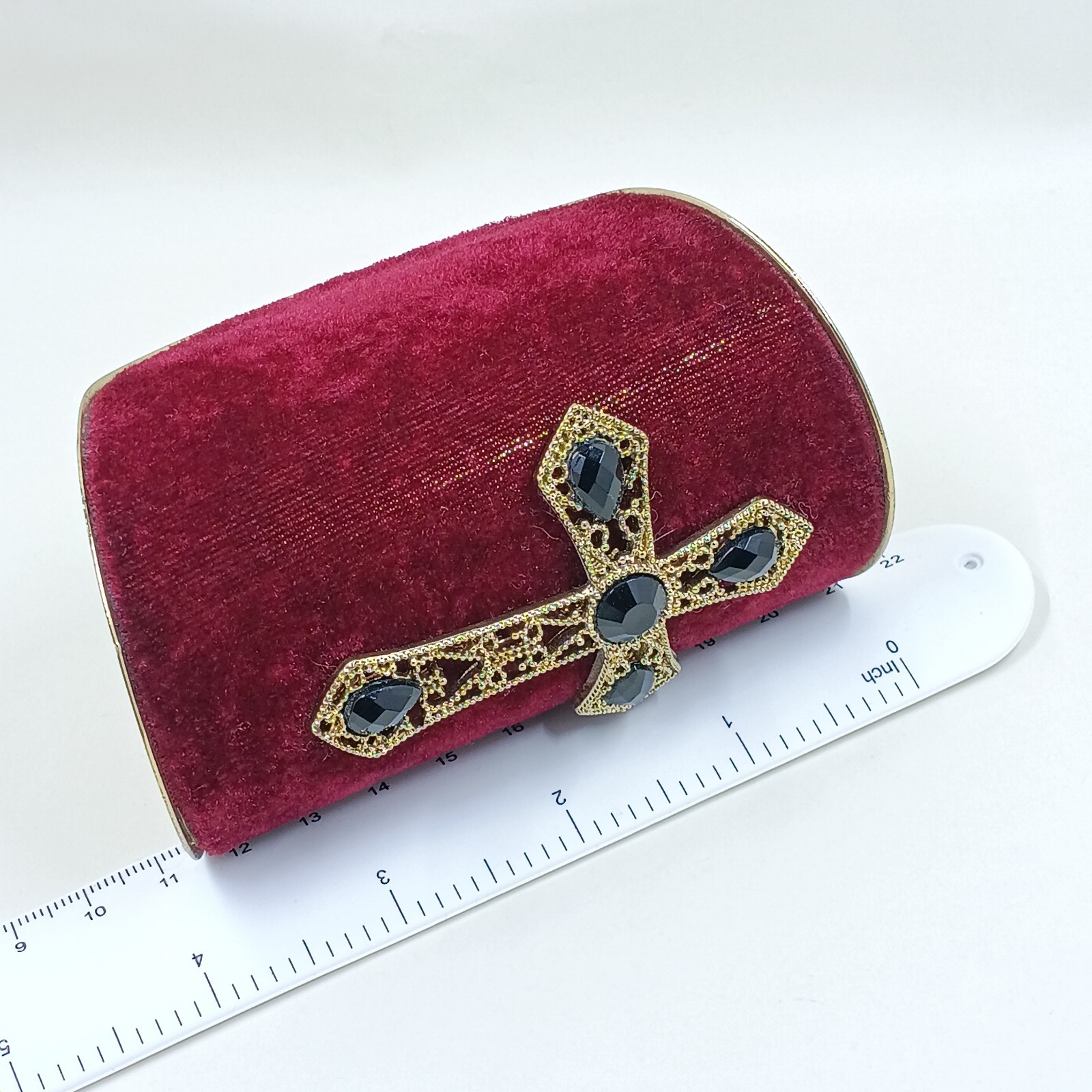 Vintange Cross Cuff Bracelet Red Velvet Gold Tone Black Rhinestones