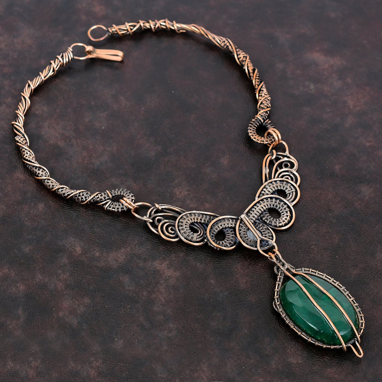 Faceted Zambian Emrald Necklace Copper Jewelry Wire Wrapped Chain Necklace 18.0″