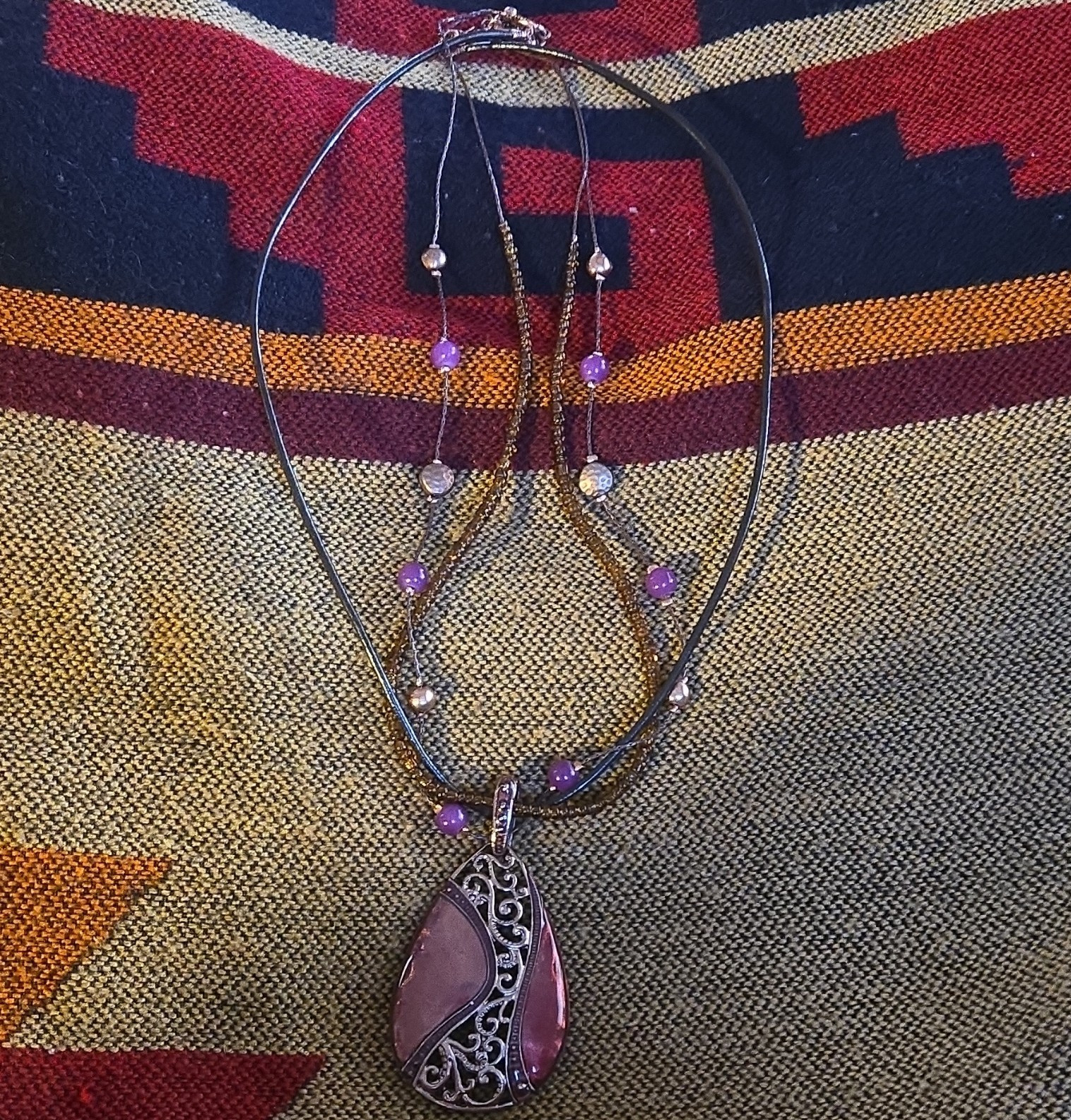 Layered Purple Glass Beaded Cord Necklace Silver Tone Teardrop Charm Lobster