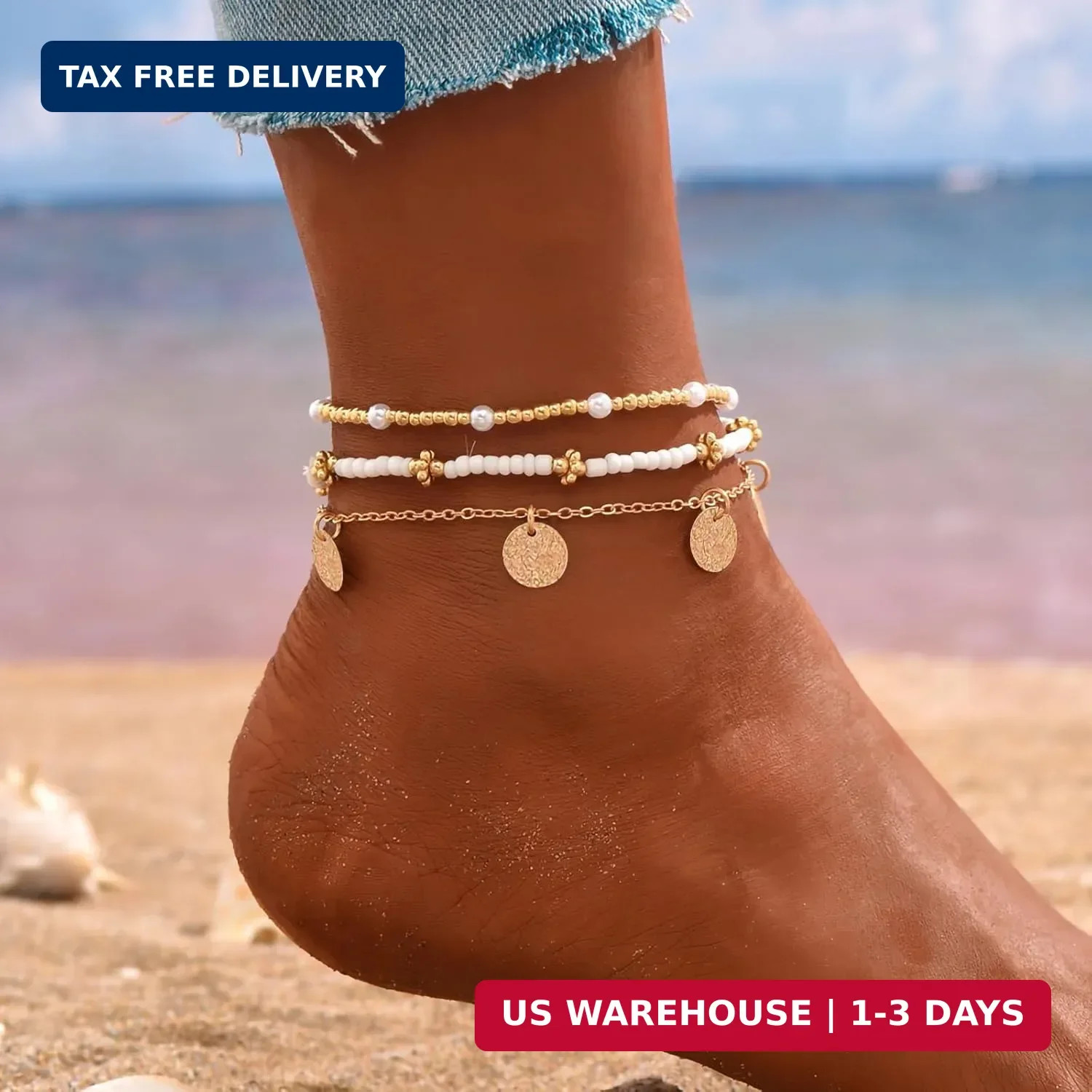 Qceasiy Shell Ankle Bracelet Set for Women, Gold Plated Boho Bead Adjustable Ank