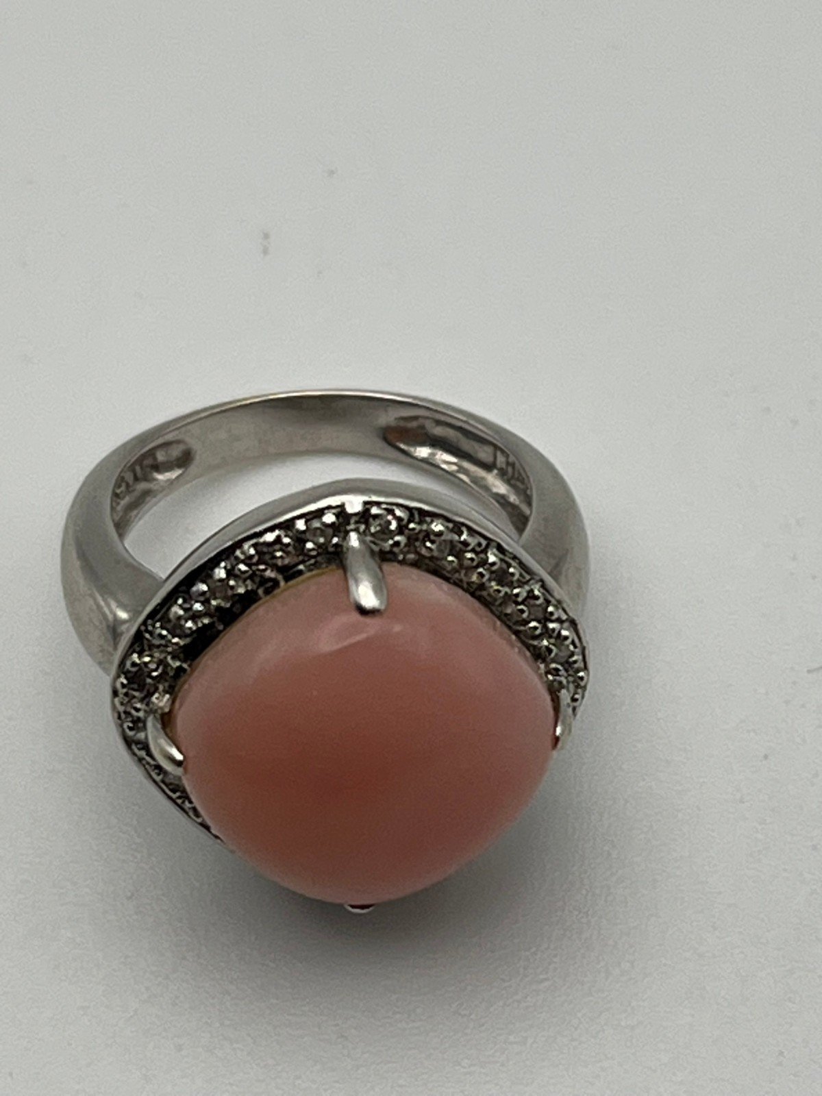 14K Solid White Gold Pink Coral Stone and Diamond Halo Ring Size 5.25