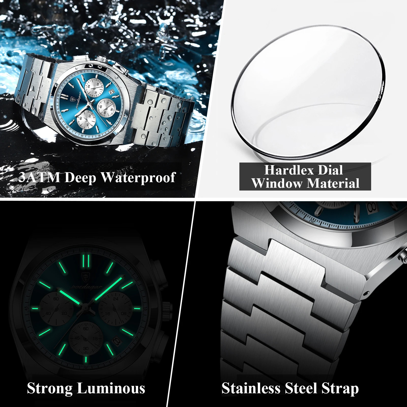 Luxury Man Quartz Chronograph Watch Waterproof Luminous Date 3Bar