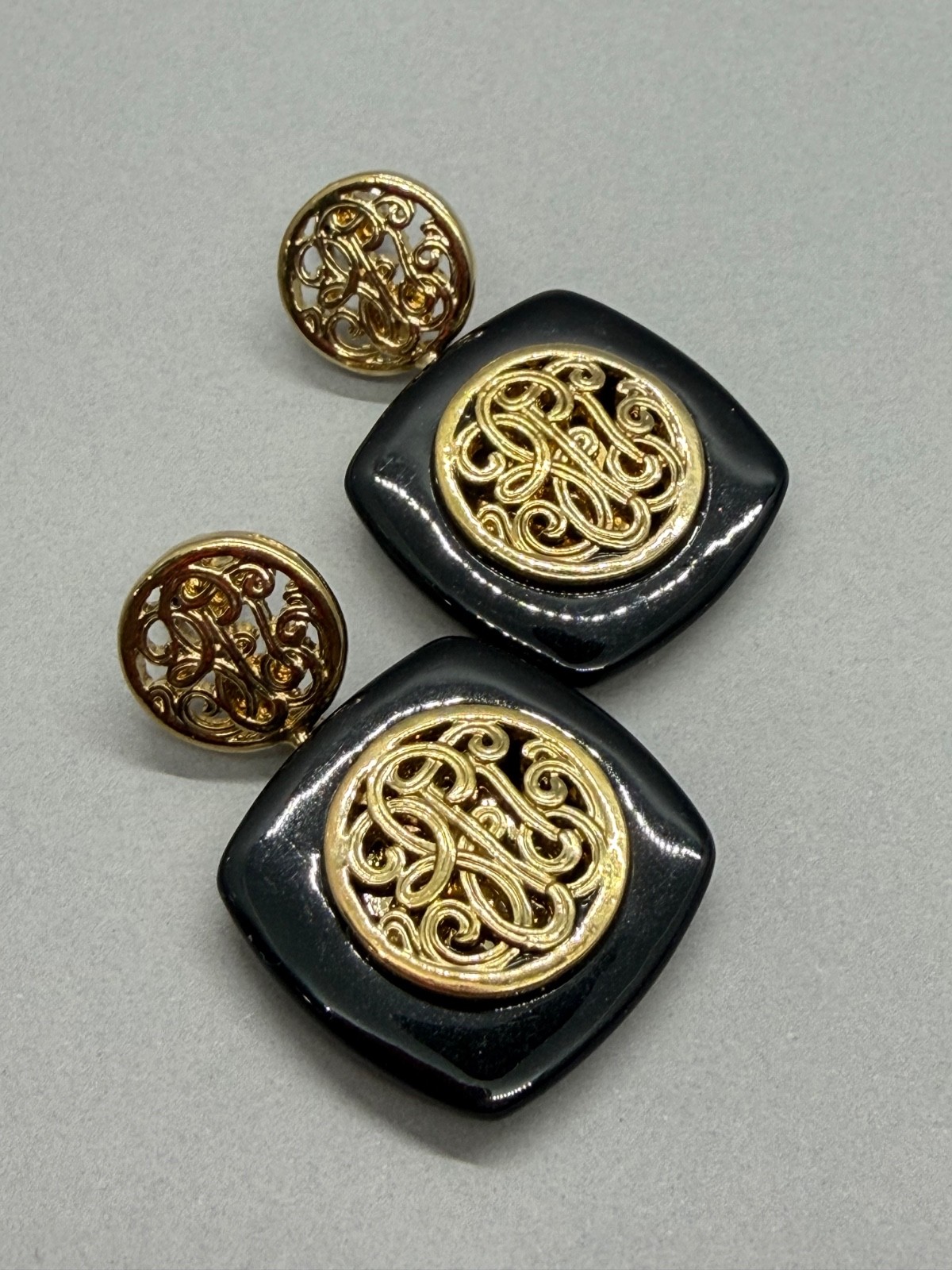 Monet Black and Gold Tone Scroll Design Post Dangle Earrings 1.50″