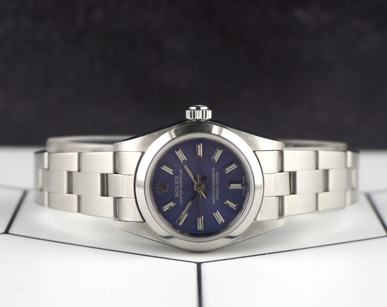Rolex Oyster Perpetual 25mm Steel Dark Blue Dial Smooth Oyster Ladies Watch
