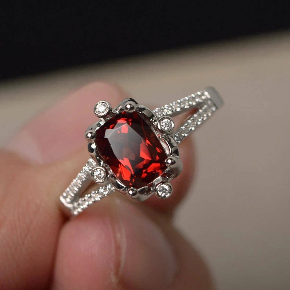2.50 Ct Cushion Cut Natural Garnet Diamond Wedding Ring 14K White Gold Size 6 7