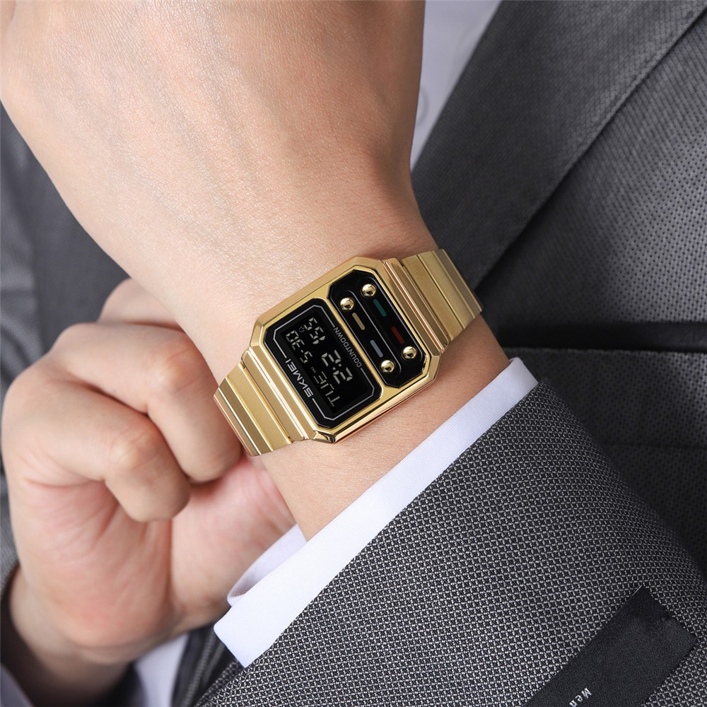 SKMEI Men Watch Rectangle Dial Steel Wristwatch Fashion Male Sport LED Watch