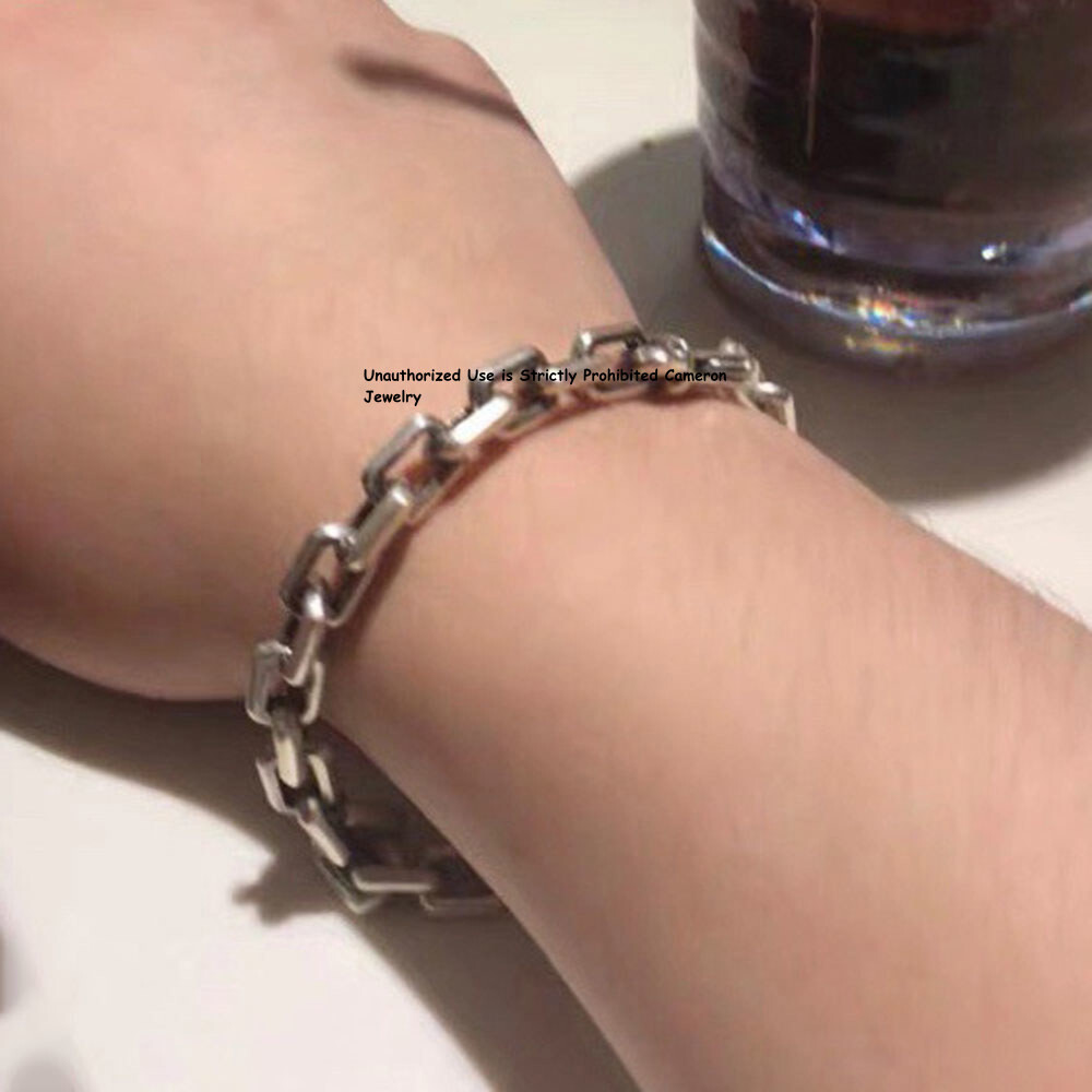 Solid S925 Sterling Silver Chain Men Women 7mm Square O Link Bracelet 7.1-8.7in